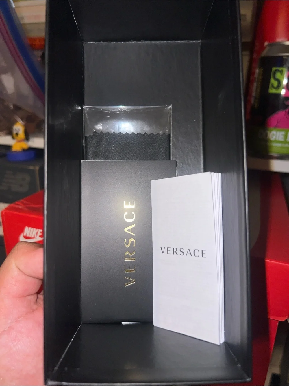 Versace Black Rectangular Sunglasses with Gold Logo Box